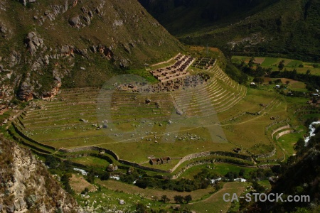 Andes inca trail rio cusichaca terrace ruin.