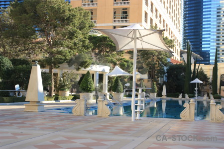 Blue building pool courtyard water.