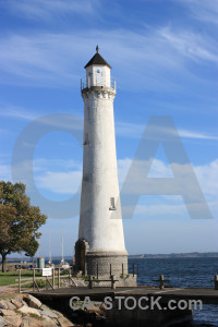 Blue lighthouse building.