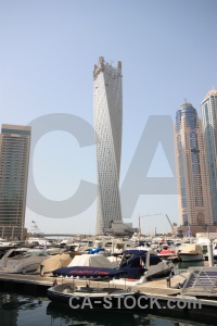 Building skyscraper boat middle east marina.