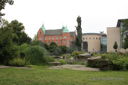 Castle white building green.