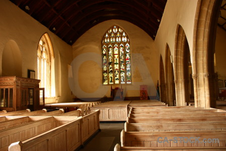 Orange church brown interior pew.