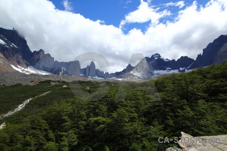 River mountain snow torres del paine chile.