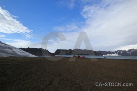 Whalers bay vehicle boat volcano ship.